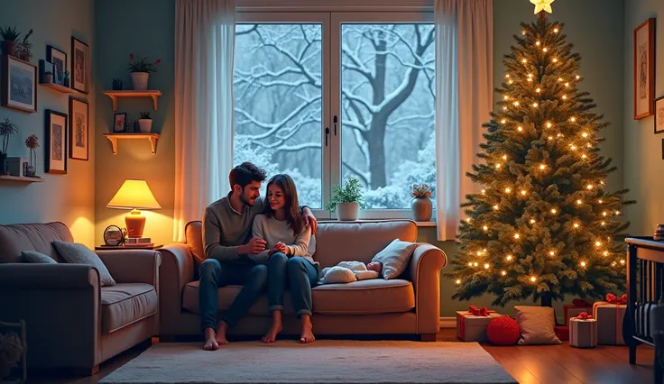 living room,  there is a Christmas tree in the living room , Its snowing outside the window,  a young man and a young woman are sitting on the couch, a small  is lying in a baby cot , illustration,  High detail , 8 k