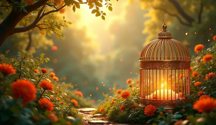 A lush garden with warm shades of gold and orange, giving a serene yet powerful feel. A golden cage with the lid open on the right side of the image