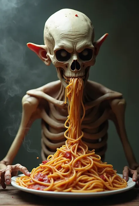 a real  ,  VERY SKINNY EATING A LARGE PLATE OF SPAGHETTI