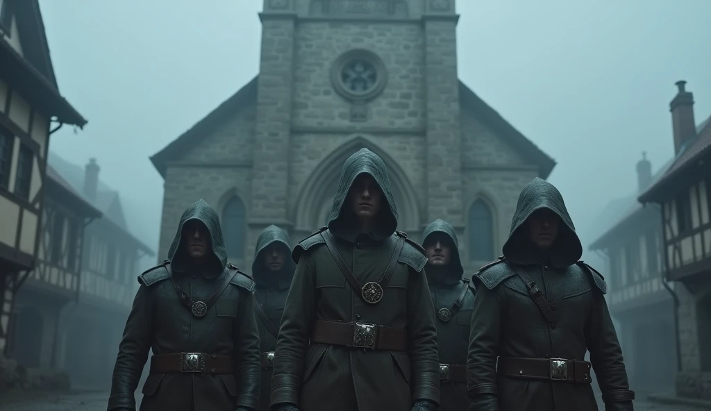 5 men standing guard in front of a stone church ,  that is in a rustic and old town with a lot of fog and very dark.