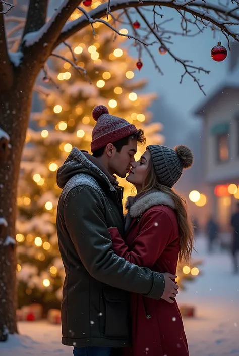 Young couple kissing under a Christmas tree in Belgium.