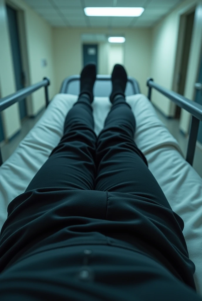 A person on a stretcher at the clinic who only has legs visible and who wears black pants