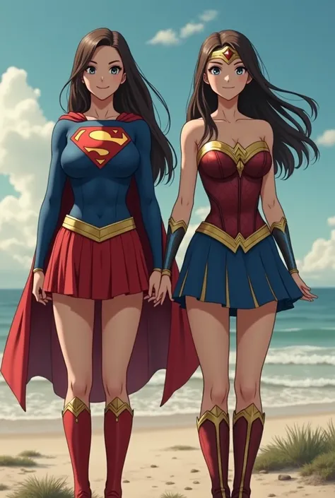 live-action、  real engine  、   two cute Japanese superheroines   、   supergirl on the right    、    on the left   、  smile、    muscular、      cute Japanese supergirl in her 20s  、Supergirls feet have become stones  、 (   unrealistic)、(    perfect costume f...