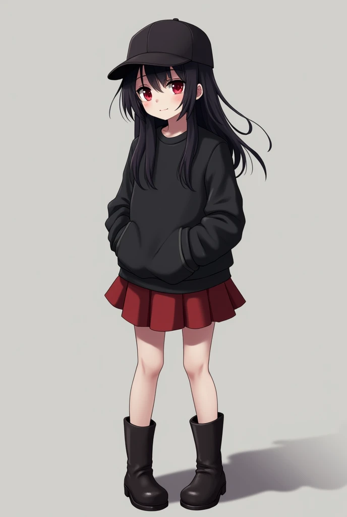 A teenager, thin with white skin, red eyes with a black shadow in the shadow, is always smiling... Her hair is black, she wears a cap of the same color... Her clothes are a black sweatshirt and a red skirt, with boot.