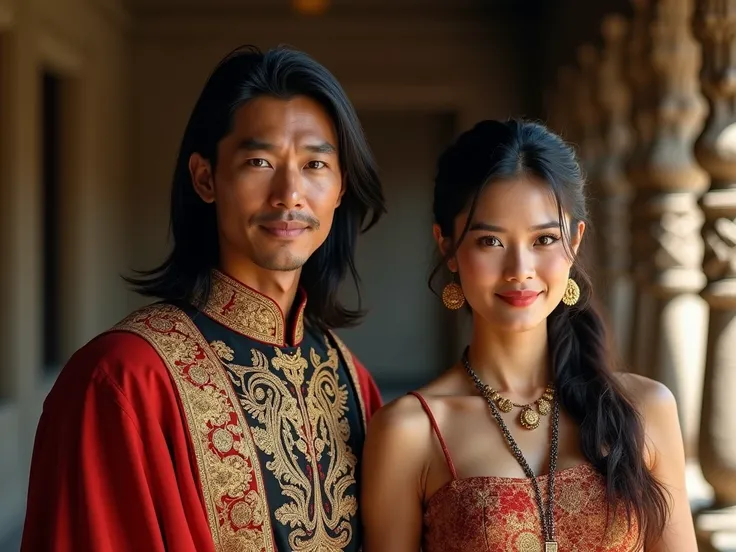 A Javanese king, aged 30, with shoulder-length hair, dressed in traditional royal attire, exuding an air of authority and elegance. He is accompanied by his sexy and graceful wife, wearing traditional Javanese attire with intricate detailing. Both figures ...