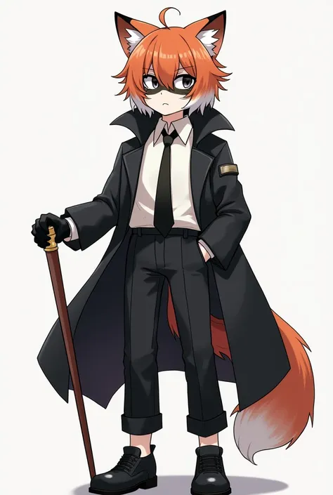  white skin , short and messy orange hair, black and white eyes.  white button-down shirt,  black pants , leather shoes, black tie, gloves,  black overcoat , Japanese fox mask with white and black details,  holding a pretty cane . 