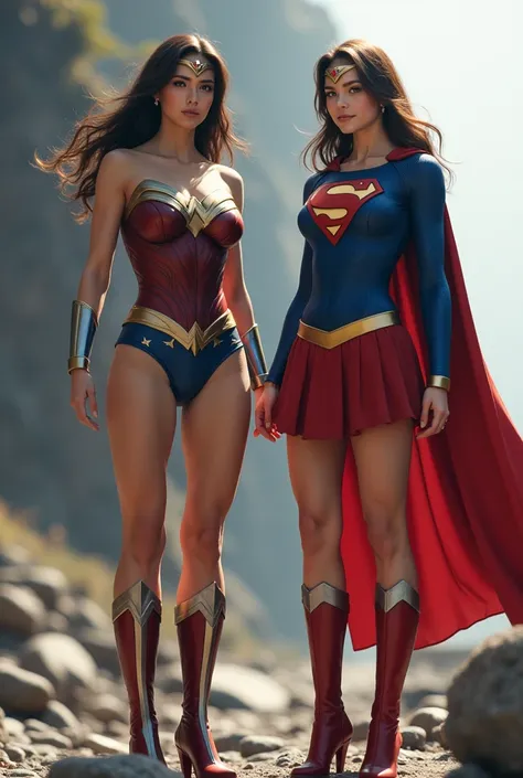 live-action、  real engine  、  Two cute Japanese superheroines  、   supergirl on the right    、    on the left   、  smile、    muscular、      cute Japanese supergirl in her 20s  、Supergirls feet have become stones  、 (   unrealistic)、(    perfect costume for...