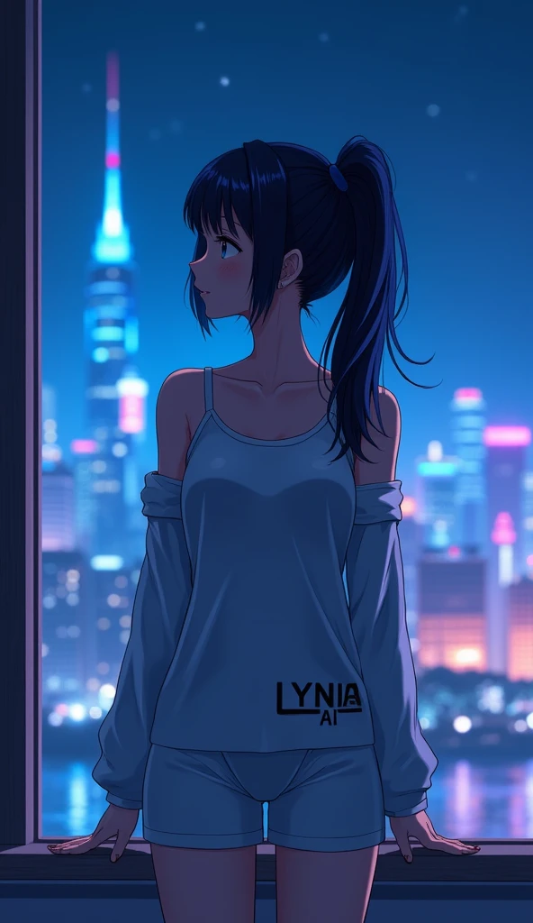 A anime woman in her early 20s stands in front of a large window, gazing out into the quiet, serene night. She wears sleek, high-tech nightwear featuring the LYNA AI logo, designed with subtle futuristic aesthetics. Her glossy black hair with blue highligh...