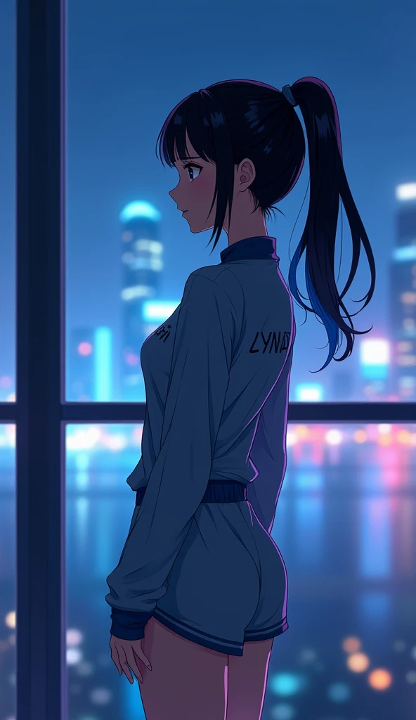 A anime woman in her early 20s stands in front of a large window, gazing out into the quiet, serene night. She wears sleek, high-tech nightwear featuring the LYNA AI logo, designed with subtle futuristic aesthetics. Her glossy black hair with blue highligh...