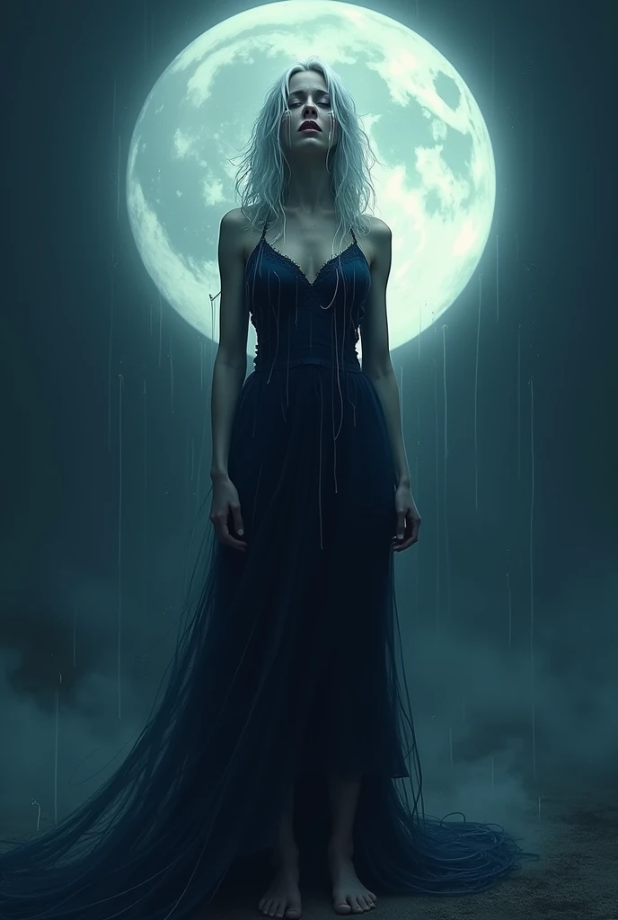 God annul a full-bodied barefoot woman in a very dark navy blue dress with fair skin with white hair with a bright full moon behind her crying she cries a lot so many tears that come out of her eye that form rivers show me a lot of water