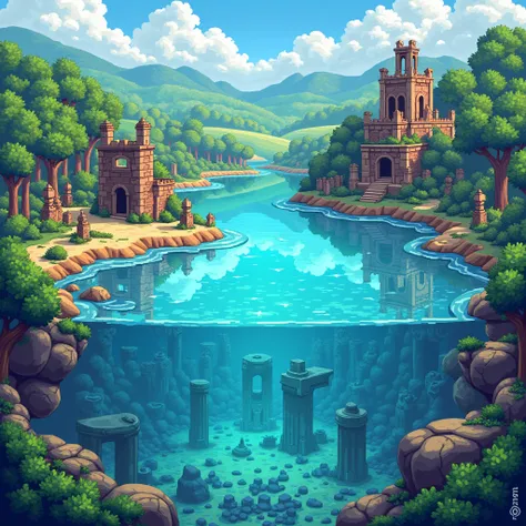 A pixelated lake with crystal clear waters revealing a city submerged in the Stardew Valley style background