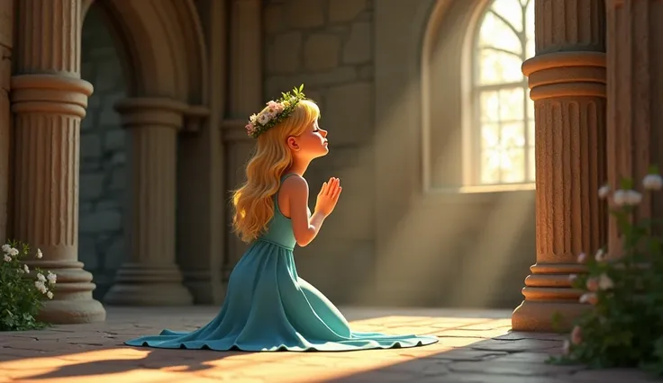 A blonde, s, with a blue dress and a wreath, kneeling in an old chapel , praying silently . Pixar style