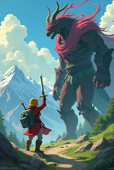  Make Zelda Fighting Ganondorf from Breath of the Wild, With the maroon aura ,  that Zelda wears a mountain suit and has a sword ,  that the style is similar to that of Breath of the Wild 