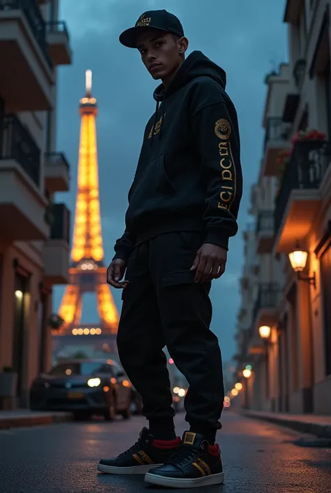   make a young man standing wearing a black Gucci outfit, with a black cap, Gucci sneakers pointing with the finger ,  seen backwards on top of a favela . On the horizon the Eiffel Tower at night ,  low lighting 