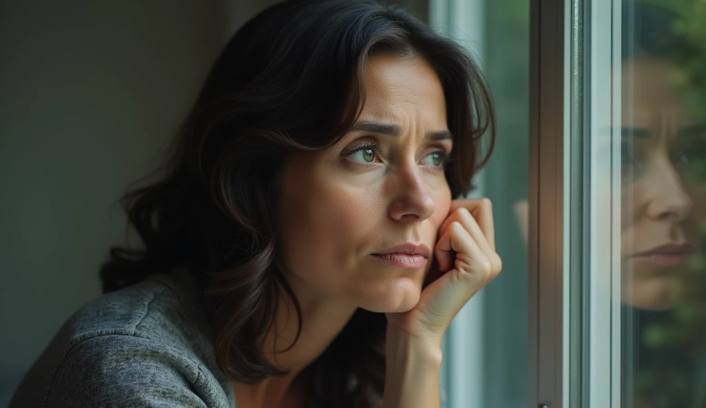 A pensive middle-aged woman, around 50 years old, with dark brown hair and green eyes, of Hispanic ethnicity, sitting by a window, looking thoughtful and slightly worried, with her reflection on the glass emphasizing her concern —ar 16:9