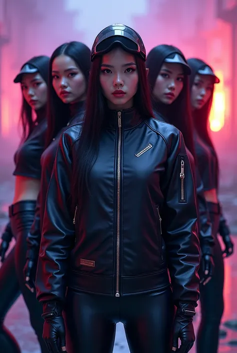 Make an image of a five-member Asian girl group, bold clothes in black tones, the background with the post-apocalyptic world in purple, on fire and sexy, full body and futuristic masks, album cover 