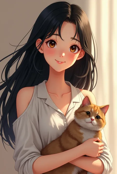 A girl dressed in a shirt that shows her shoulders with long black hair a beautiful smile carrying a cat 