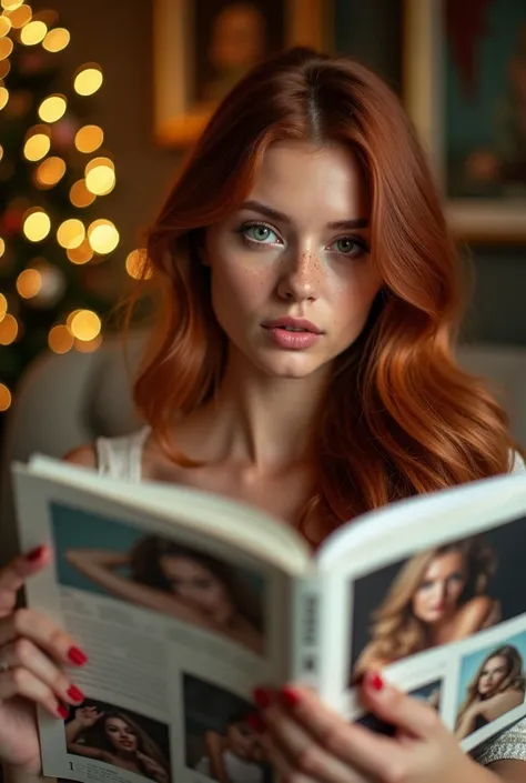 A luxurious indoor setting with warm, soft lighting that creates an inviting, intimate atmosphere. The focal point is a woman with long, deep auburn hair cascading in loose waves over her shoulders, framing her sun-kissed skin adorned with delicate freckle...