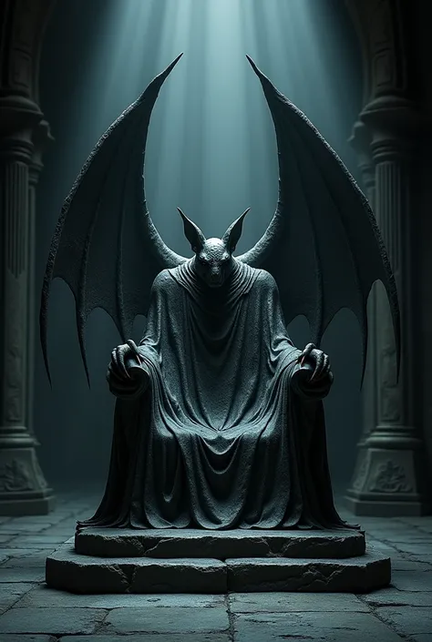 A simple throne made of stone shaped like a bat and with large wings on the sides and claws on the armrests 