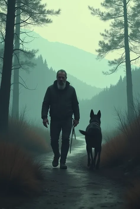 Dog accompanying a man on a lonely path