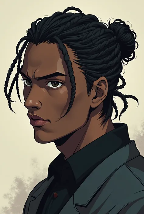  An anime man with dark skin and nagô braids in his hair, He has a calmly serious expression on his face  