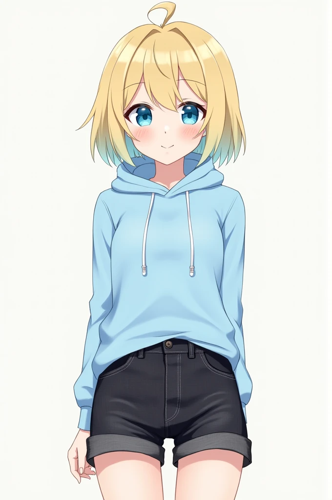  An anime girl, She has short blond hair and light blue at the tips, in gradient.  Her eyes are blue light blue blouse with a hood on the back,  And black denim shorts .