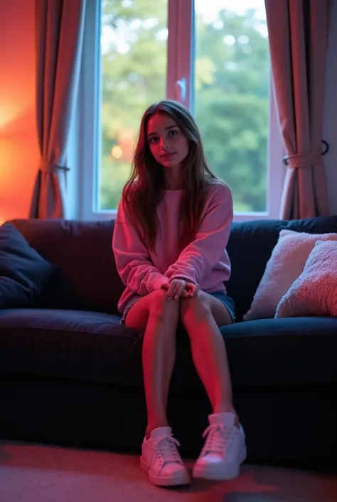 
in a living room with a window
which overlooks a garden
a young brunette girl with long hair 
she is shy 
with a mini denim skirt 
a pink sweatshirt
white sneakers 
She is sitting on a black sofa 
we can clearly see her legs 
she has her legs crossed on t...