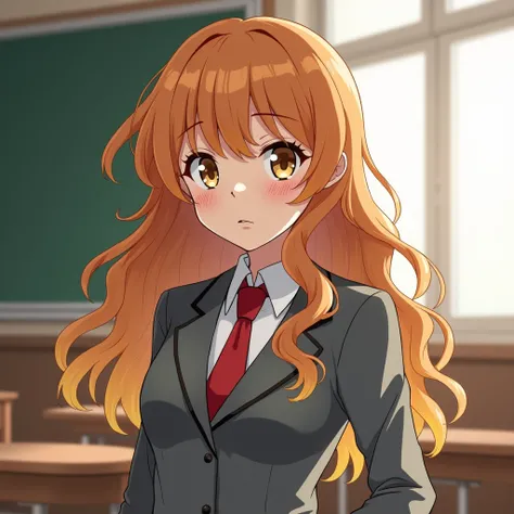  Screenshot of my hero Academia.  A pale 15-year-old girl with a pronounced body with long wavy caramel-colored hair with blonde highlights. With golden almond eyes , wearing her UA uniform  ( gray coat with red tie ) being in a classroom 