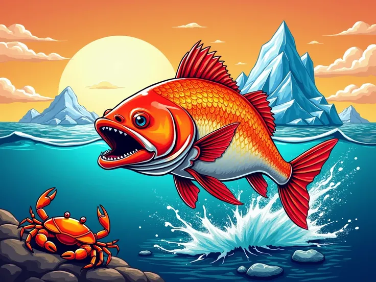 Graffiti design, seafood restaurant, in which a fish jumps out of the sea, looking at the camera and in the background an iceberg and a crab at the bottom, high quality, balanced colors.