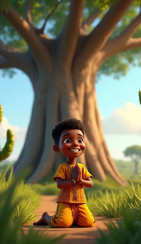 a boy, s, with dark skin and a radiant smile,  wearing traditional African clothing , praying under a baobab tree . Pixar style