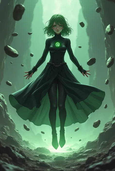 Tatsumaki in het well known black costume , starting to levitate in the air. Around her, she uses her telekineticabilities to let rocks float, with a subtle light green aura surrounding the rocks and rubble.