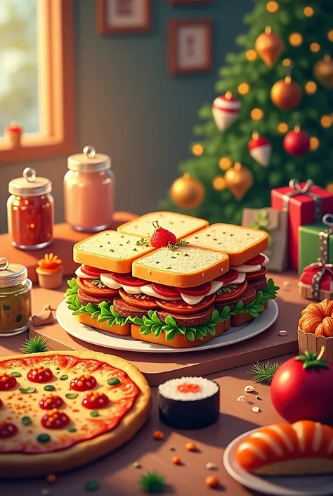 Background with sandwich , Complete ,  pizza and sushi and Christmas decoration 