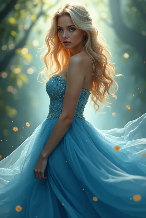 Blond woman, green eyes, prom dress blue, demi realistic style, infinity art, curvy woman, light