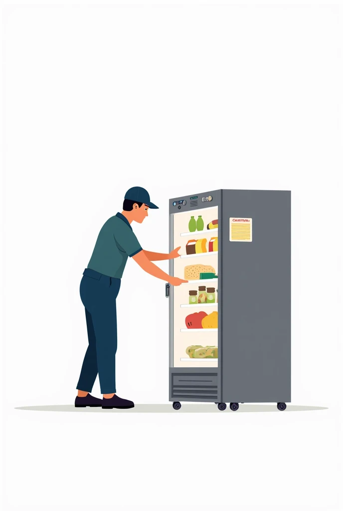 an image where a worker is reviewing a food cooler in 2nd dimension drawing style,  with white background