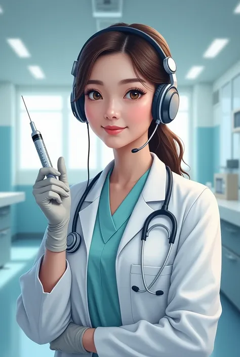 Pretty nurse,  full body ,  headphones. with a syringe in hand 