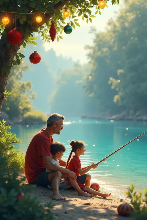  Man fishing with his family on the shore of a lagoon , where they are seen happy .  The image must be adorned with Christmas decorations and the caption Merry Christmas !!