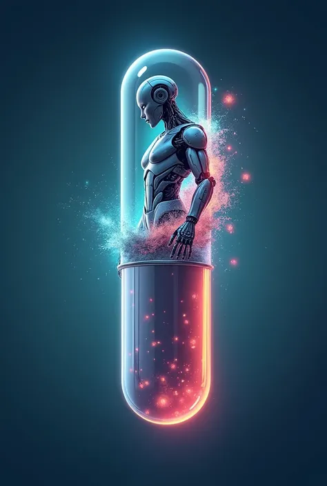 Create a logo app that A capsule of medicine with a some of robot coming out of it make capsule was real 