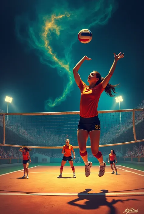 Carolina Fierro playing volleyball at night like Dali with the colors of bps
