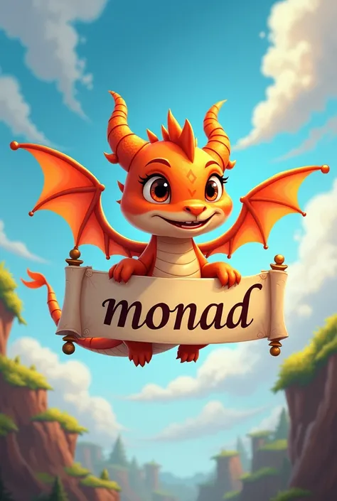 cartoon of a small flying winged dragon holding a banner that says monad in his hand
