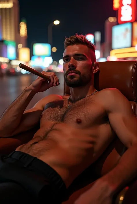 Theo Hernandez, 23 years old, with fair skin sli and textured pores, Buzz cut blonde fade with Blonde buzz cut hair and a beard, athletic physique, smoking a cigar. shirtless, black dress pants. reclining, looking at the horizon with a serious attitude. fo...