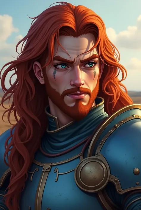 Make a character an image of a red-haired horseman with a tansa with long hair and then he has a French mustache and a beard of one he is amputated on his right arm he has blue knight armor there is a scar on his eye his right eye it is good that the eye i...