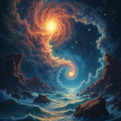 The universe is like an infinite fractal  [ geometric object whose basic structure ,  fragmented or apparently irregular ,  that is repeated on different scales ]  with a mosaic of different small universes separated by growing oceans”,