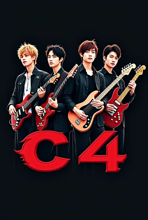  a logo for a musical group made up of 4 men and that is called C4, that each person contains a guitar 