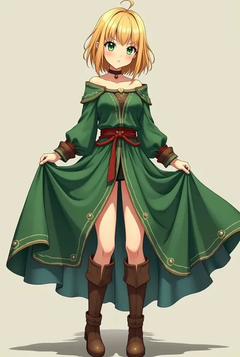 An anime girl, adult, beautiful, full body, sexy, hot, short and blond hair, green eyes, viking age styled citizen cloth, green wear and brown boots standing, showing her body by lifting her dress and spreading out her cloth so much that her gentiles can b...