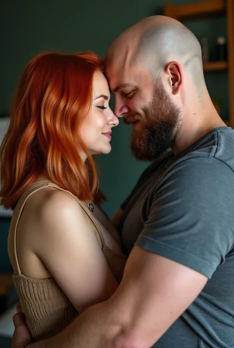 A couple celebrating their 7th year together the lady is in her early 30 red shoulders length red hair,brown eyes a little bit chubby, the man is  sporty, bald, bearded, blue eyes in his mid thirties  make this hug facing each other 