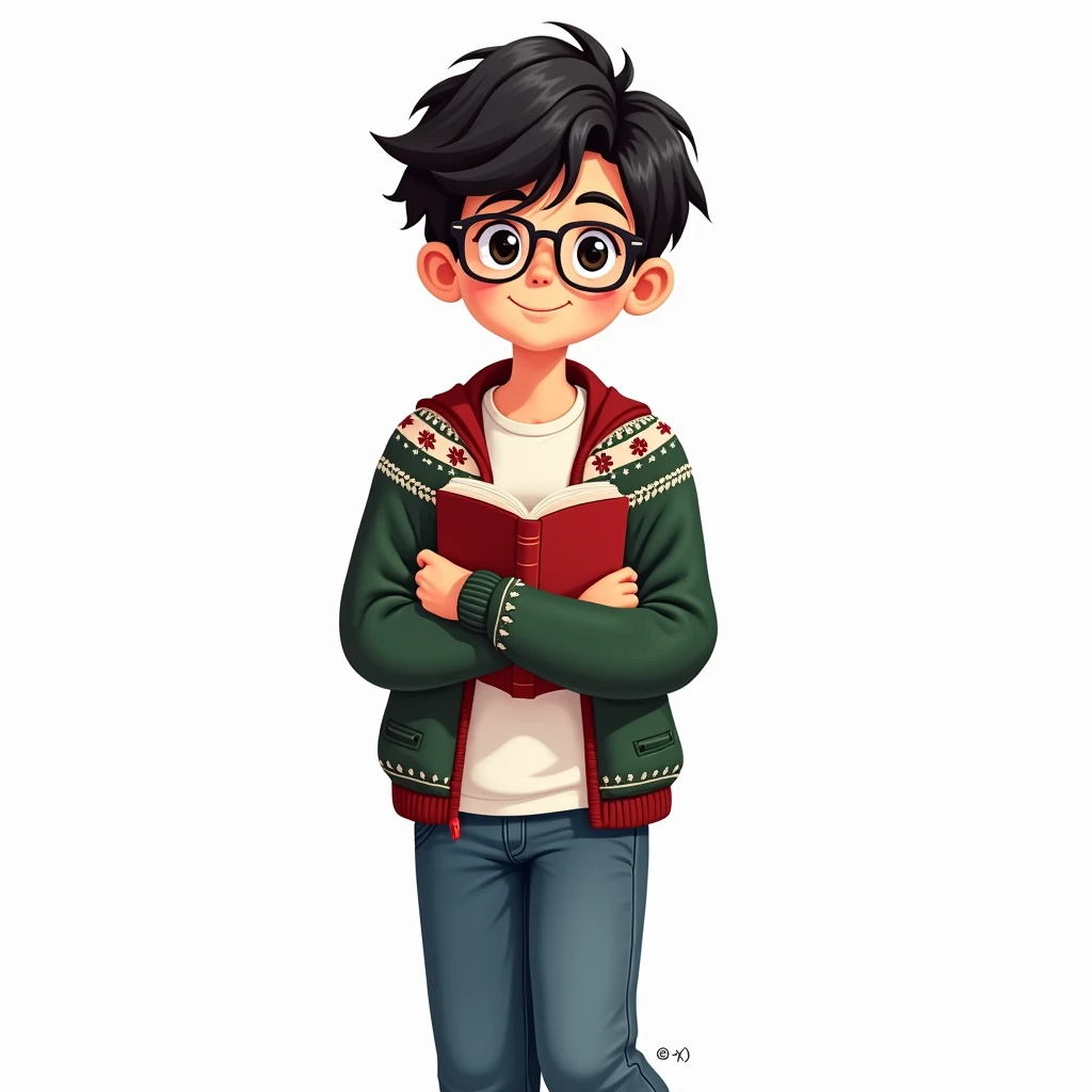 cartoon boy,  dark short hair ,  on the t-shirt is full-length , dressed in jeans and a sweater with a Christmas pattern,  Holds a book in his hands, wears glasses, illustration,  High detail ,  white background, 8 k