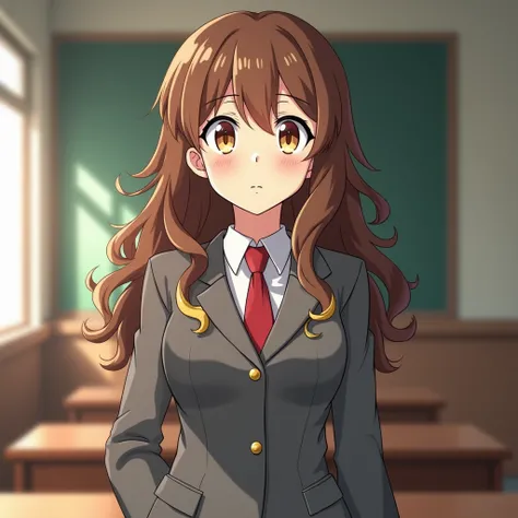  HIGH QUALITY,  8K classroom Screenshot of my hero Academia . A light-skinned woman,  with a pronounced body of long curly brown hair with blonde locks. With almond-shaped amber eyes , wearing her UA uniform  ( gray coat with red tie ) being in a classroom...