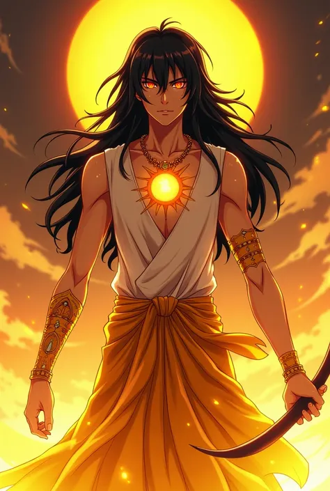 A demi god in bleach anime style named karna

Appearance:

Hair: Black shiny hair that resembles sun rays, possibly with a slight glow or shimmer.
Eyes: Fiery blue or bright yellow eyes that reflect the intensity of the sun.
Skin Tone: A warm, sun-kissed c...