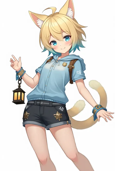 A girl from the game Genshin Impact , She has short blond hair and light blue at the tips, in gradient.  Her eyes are blue light blue blouse with a hood on the back, And black denim shorts , Her clothes have several accessories and decorations ,  she has e...