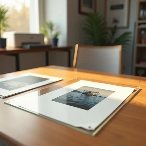  A photorealistic image of an A4 sheet with a ,  lying under very thin glass on a smooth ,  warm-colored wooden table in a cozy ,  of the modern print shop office .  The glass is slightly larger than the sheet ,  creating a transparent protective layer ,  ...